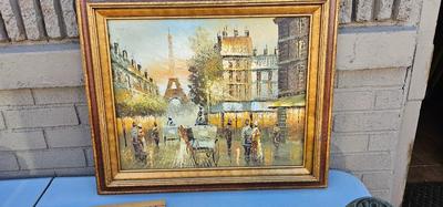 Painting Paris Street Scene with Eiffel Tower, framed,