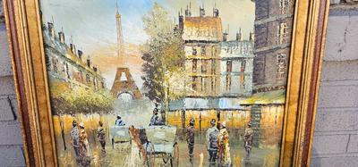 Painting Paris Street Scene with Eiffel Tower, framed,