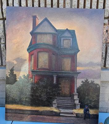 Haunting Painting of house and figure signed D. Heffernan '09