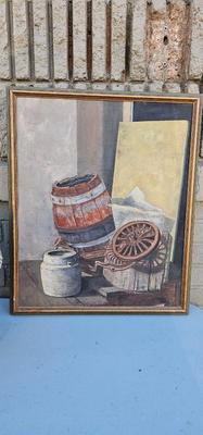 Painting of Barrel, wheel and other items in a junk heap, framed, signed