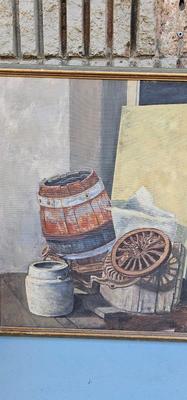 Painting of Barrel, wheel and other items in a junk heap, framed, signed