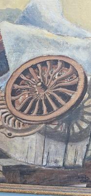 Painting of Barrel, wheel and other items in a junk heap, framed, signed