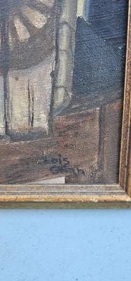 Painting of Barrel, wheel and other items in a junk heap, framed, signed