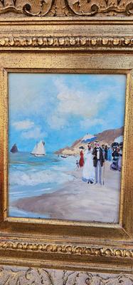 Painting of the seaside with Victorian figures and VERY ORNATE FRAME!