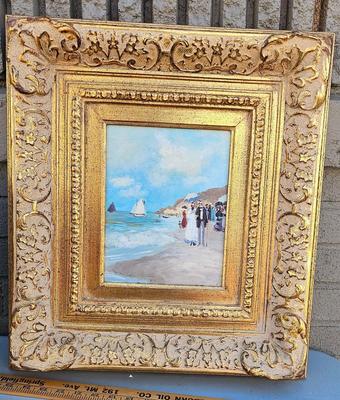Painting of the seaside with Victorian figures and VERY ORNATE FRAME!