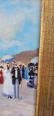 Painting of the seaside with Victorian figures and VERY ORNATE FRAME!