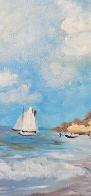 Painting of the seaside with Victorian figures and VERY ORNATE FRAME!