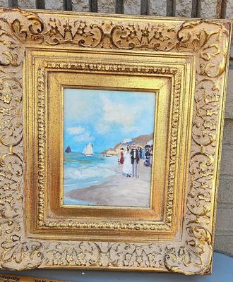 Painting of the seaside with Victorian figures and VERY ORNATE FRAME!
