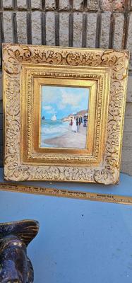 Painting of the seaside with Victorian figures and VERY ORNATE FRAME!