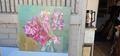 Painting of flowers, pinks and green