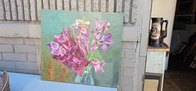 Painting of flowers, pinks and green