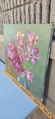 Painting of flowers, pinks and green