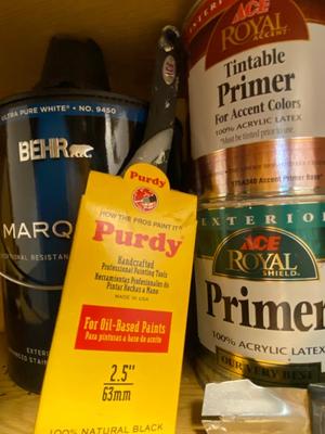 A GALLON OF BEHR MARQUEE PAINT, 123 PRIMER, WOOD FINISHINGS, NEW PAINT BRUSHES, ROLLERS AND MORE!