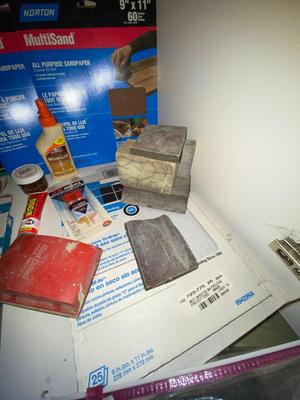 VARIETY OF SANDPAPERS, STEEL WOOL, SANDING BLOCKS, WOOD GLUE AND MORE