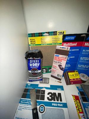 VARIETY OF SANDPAPERS, STEEL WOOL, SANDING BLOCKS, WOOD GLUE AND MORE