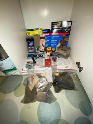 VARIETY OF SANDPAPERS, STEEL WOOL, SANDING BLOCKS, WOOD GLUE AND MORE