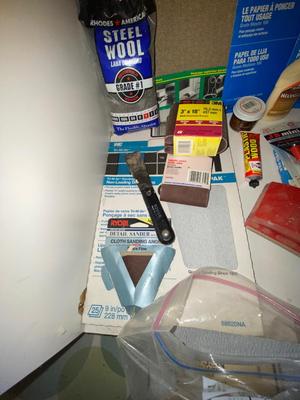 VARIETY OF SANDPAPERS, STEEL WOOL, SANDING BLOCKS, WOOD GLUE AND MORE