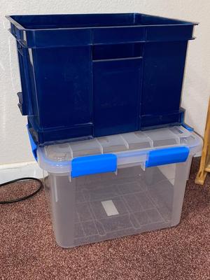 TOTES, SHOE RACK, & BOX FAN