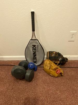 RAWLINGS BALL MITTS, JUNIOR RAQUET, & DUMB BELLS