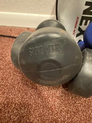 RAWLINGS BALL MITTS, JUNIOR RAQUET, & DUMB BELLS