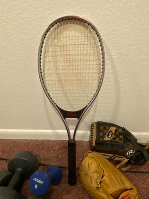 RAWLINGS BALL MITTS, JUNIOR RAQUET, & DUMB BELLS