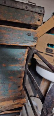 Antique Wood Carpenters Tool Chest Beautiful Faded Paint Tin on Top