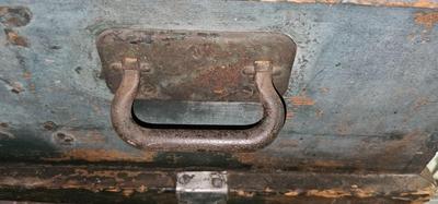 Antique Wood Carpenters Tool Chest Beautiful Faded Paint Tin on Top