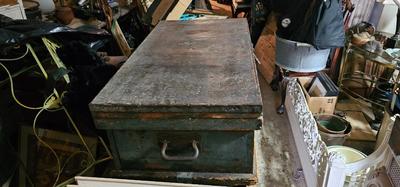 Antique Wood Carpenters Tool Chest Beautiful Faded Paint Tin on Top