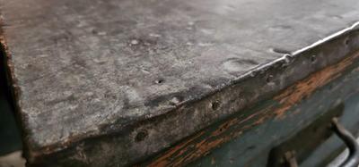 Antique Wood Carpenters Tool Chest Beautiful Faded Paint Tin on Top