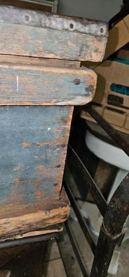 Antique Wood Carpenters Tool Chest Beautiful Faded Paint Tin on Top