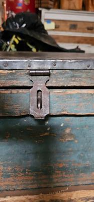 Antique Wood Carpenters Tool Chest Beautiful Faded Paint Tin on Top