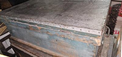 Antique Wood Carpenters Tool Chest Beautiful Faded Paint Tin on Top