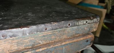 Antique Wood Carpenters Tool Chest Beautiful Faded Paint Tin on Top