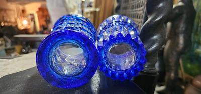 7 Vintage Cobalt Blue Cut to Clear Crystal Glasses