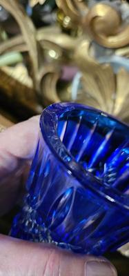 7 Vintage Cobalt Blue Cut to Clear Crystal Glasses