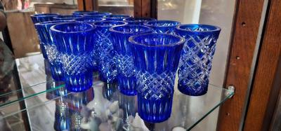 7 Vintage Cobalt Blue Cut to Clear Crystal Glasses