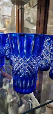 7 Vintage Cobalt Blue Cut to Clear Crystal Glasses