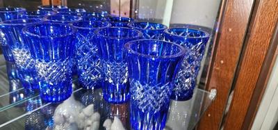 7 Vintage Cobalt Blue Cut to Clear Crystal Glasses