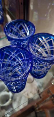 7 Vintage Cobalt Blue Cut to Clear Crystal Glasses