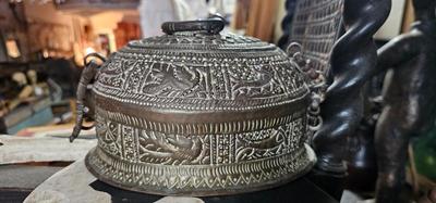 Antique Brass Betel Nut Pandan Censer Box with lid, handle, chain hinge India