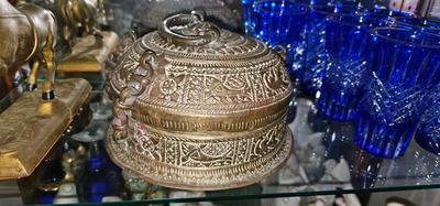 Antique Brass Betel Nut Pandan Censer Box with lid, handle, chain hinge India