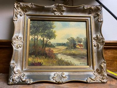 Vintage small framed landscape, Ornate Frame, Signed DeCastro