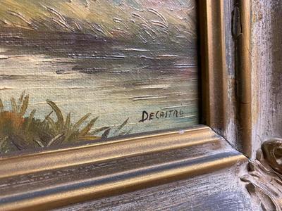 Vintage small framed landscape, Ornate Frame, Signed DeCastro