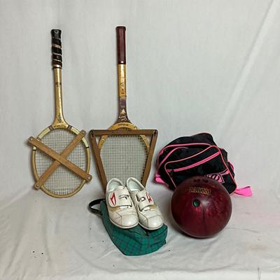 A1441 Vintage Bowling Ball, Shoes, & Tennis Racket "As Is" Lot