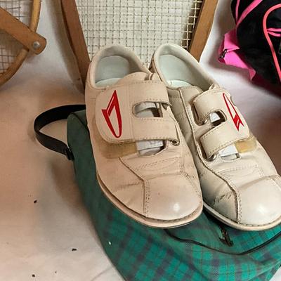 A1441 Vintage Bowling Ball, Shoes, & Tennis Racket "As Is" Lot