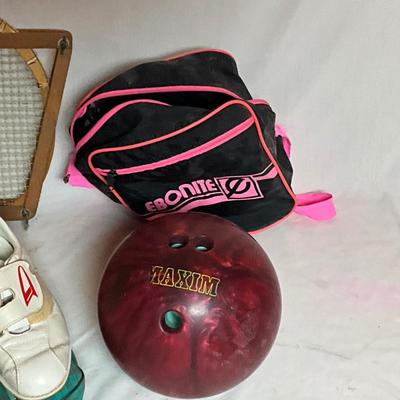 A1441 Vintage Bowling Ball, Shoes, & Tennis Racket "As Is" Lot