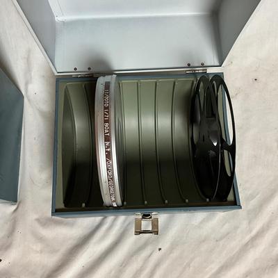 A1444 Vintage Bell & Howell 16mm Projector with Movie Reels & Wall Projector Screen