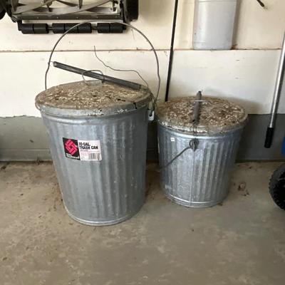 G1454 Two Galvanized Trash Bins with Lids