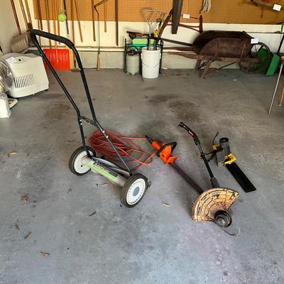 G1455 American Push Lawn Mower, Edge Trimmer, & Chainsaws Lot