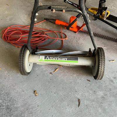 G1455 American Push Lawn Mower, Edge Trimmer, & Chainsaws Lot